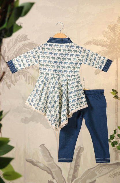 Girls Elephant print Kurta Set - Teal Blue