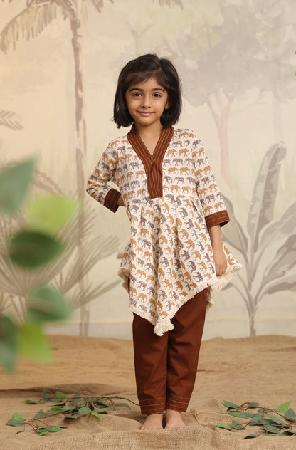 Girls Elephant print Kurta Set - Brown