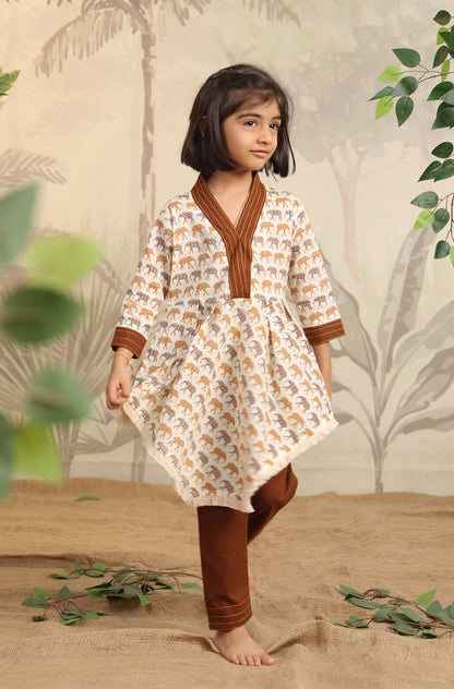 Girls Elephant print Kurta Set - Brown