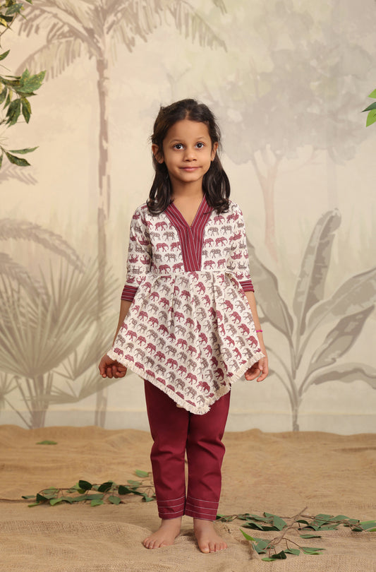 Girls Elephant print Kurta Set - Wine