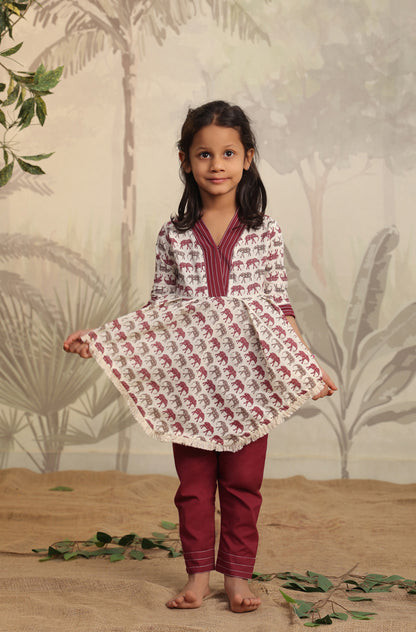 Girls Elephant print Kurta Set - Wine