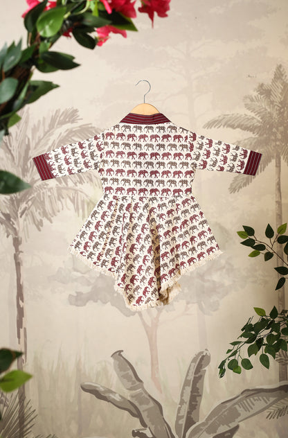 Girls Elephant print Kurta Set - Wine