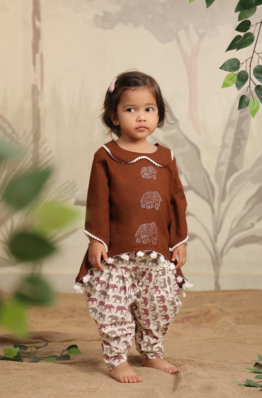 Girls Elephant Top Set - Brown