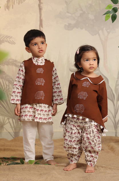 Girls Elephant Top Set - Brown