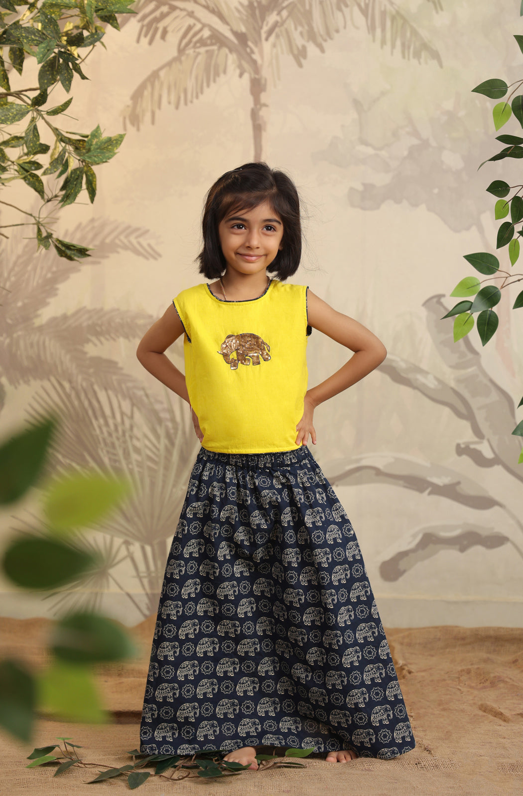 Girl Elephant Skirt Top Set - Yellow