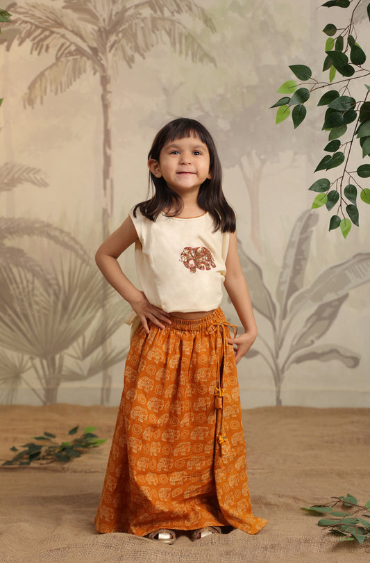 Girl Elephant Skirt Top Set - Orange