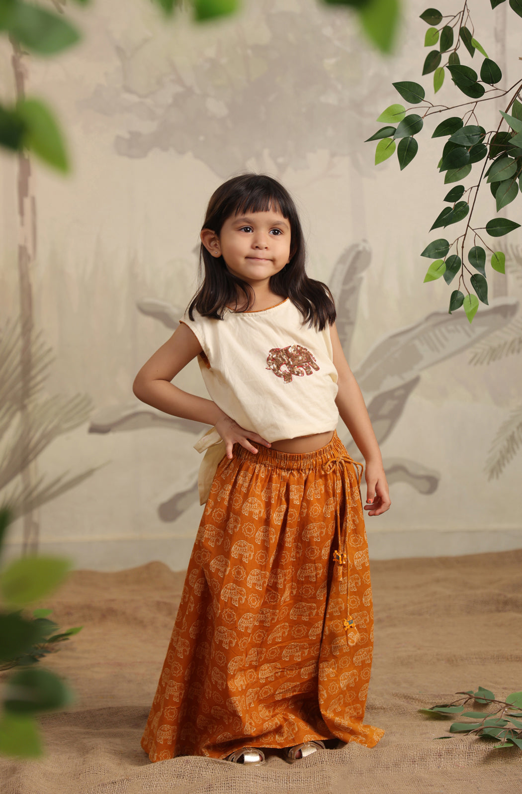 Girl Elephant Skirt Top Set - Orange