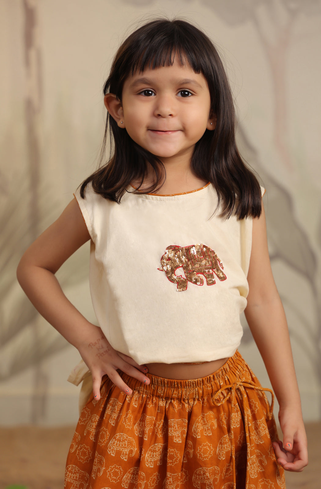 Girl Elephant Skirt Top Set - Orange