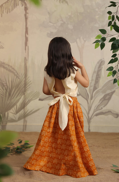 Girl Elephant Skirt Top Set - Orange