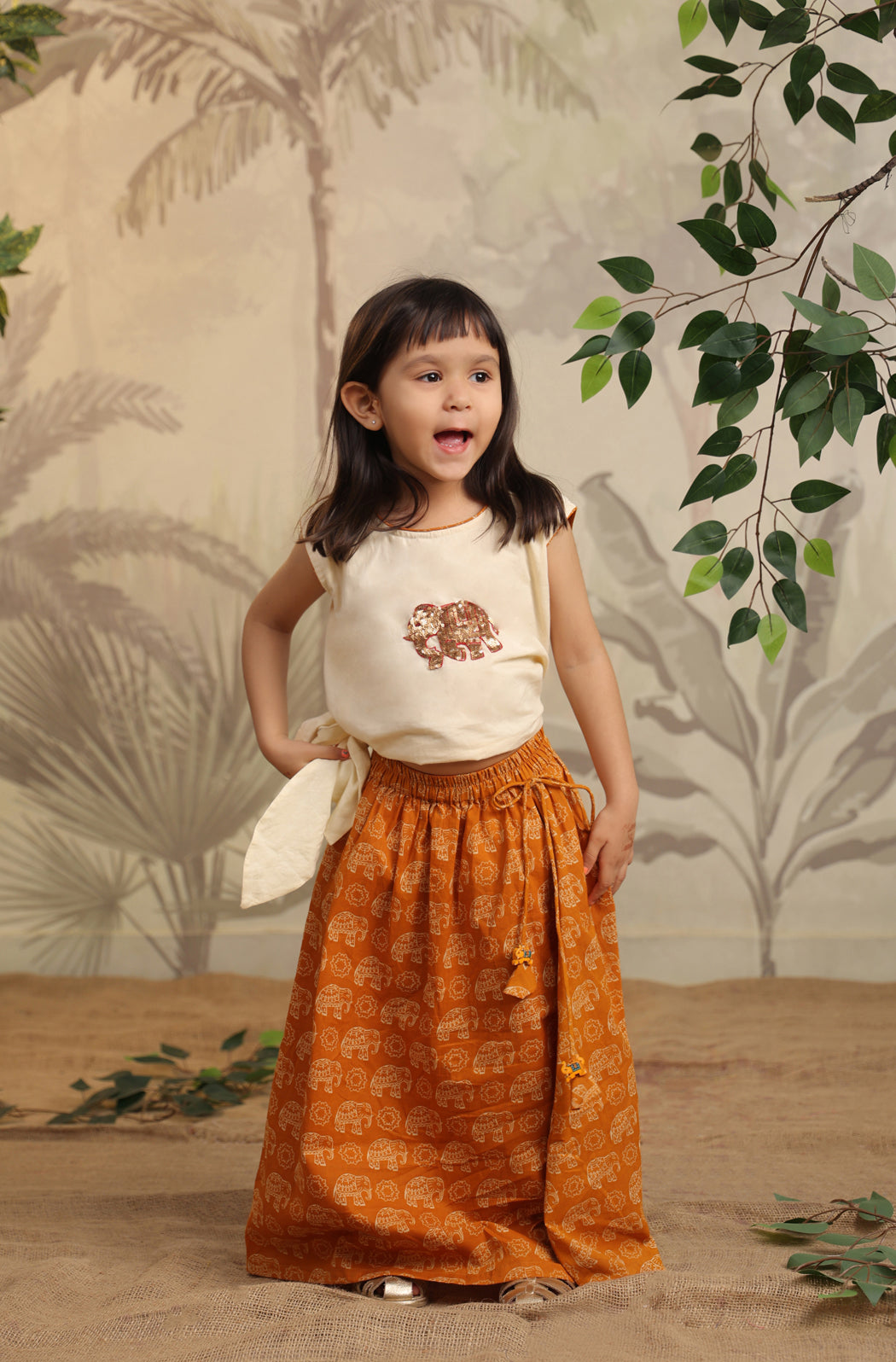 Girl Elephant Skirt Top Set - Orange