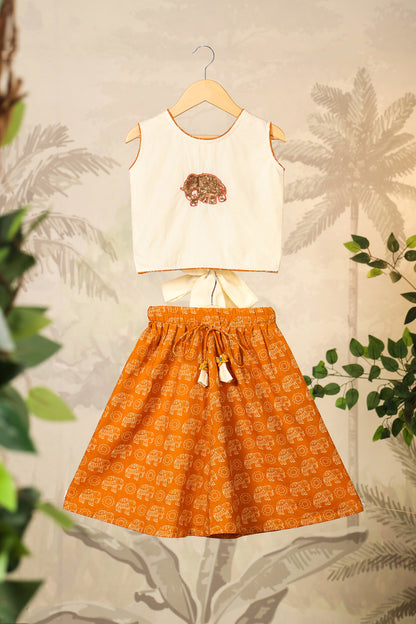 Girl Elephant Skirt Top Set - Orange