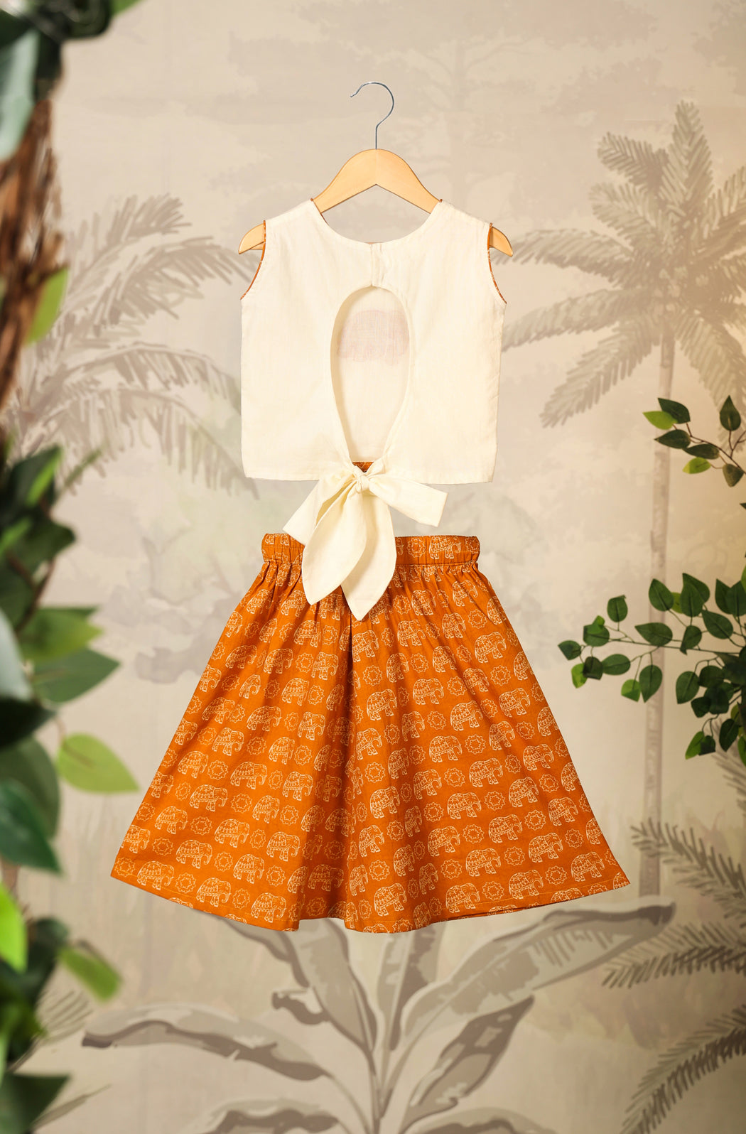 Girl Elephant Skirt Top Set - Orange