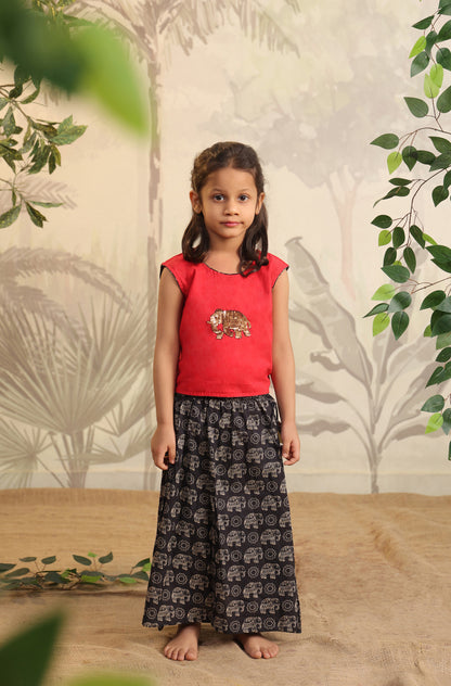 Girl Elephant Skirt Top Set - Red