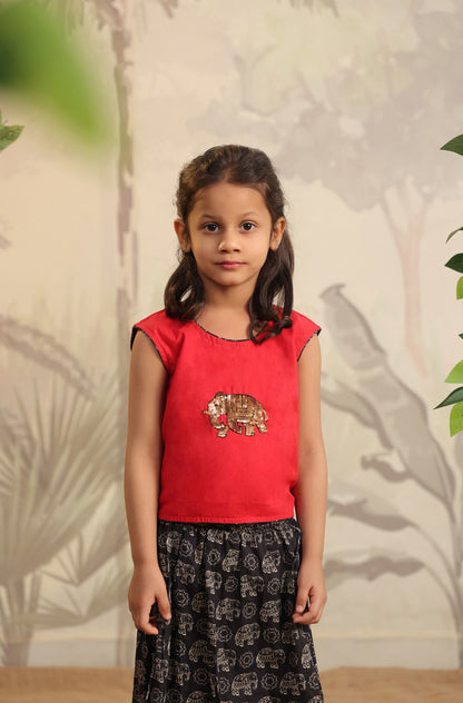 Girl Elephant Skirt Top Set - Red