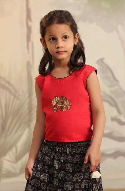 Girl Elephant Skirt Top Set - Red