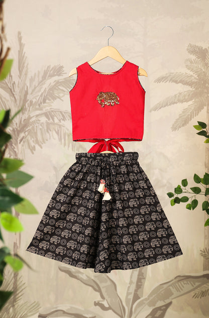 Girl Elephant Skirt Top Set - Red