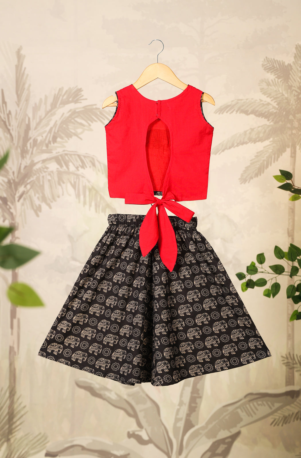 Girl Elephant Skirt Top Set - Red