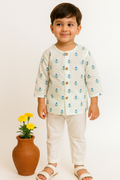 Boy Tiny Blooms Printed Kurta Pant Set- Turquoise
