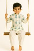Boy Blossom Printed Kurta Pant Set- Turquoise