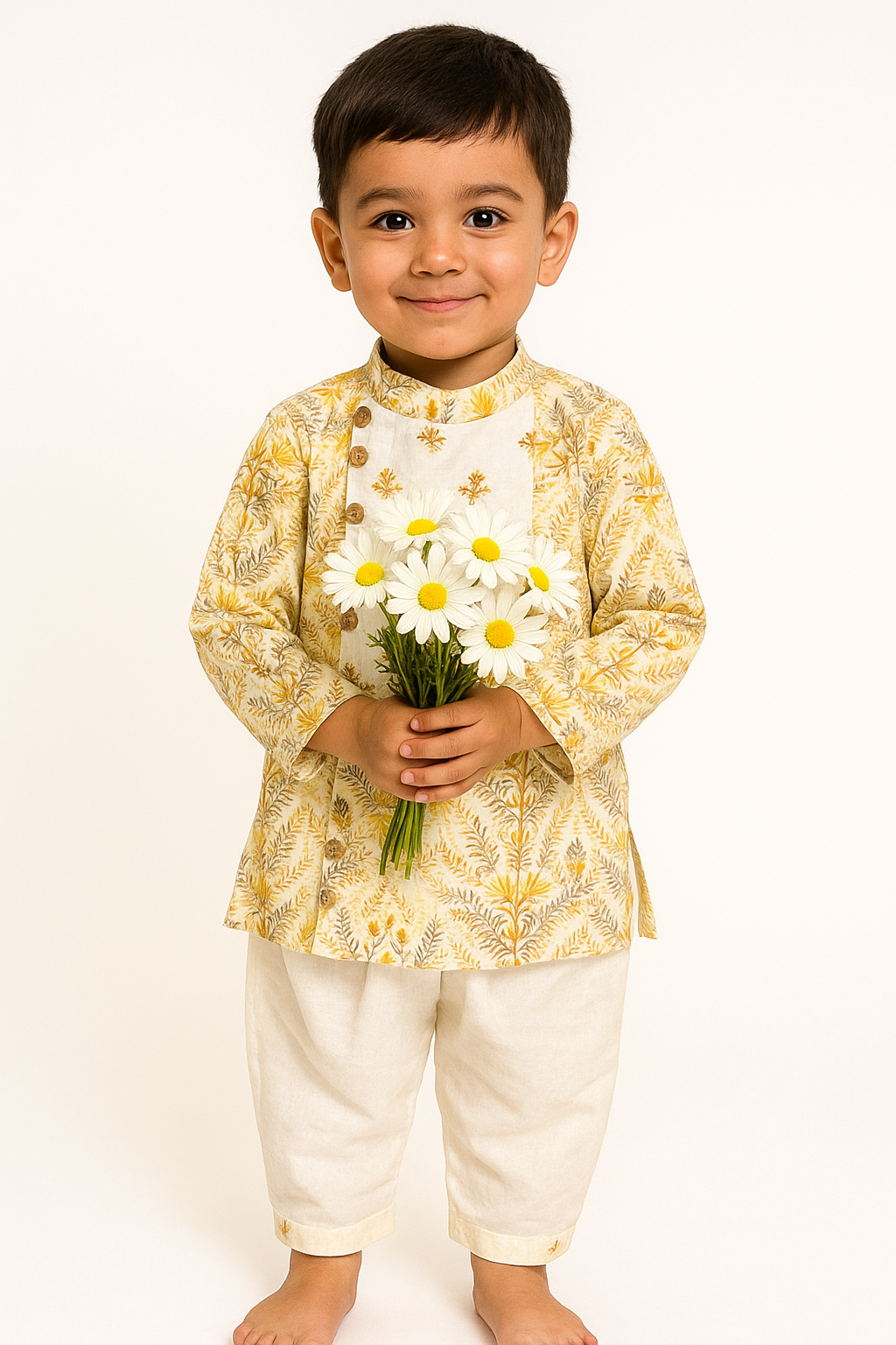 Boy Bloomingdale Printed Kurta Pant Set- Mustard