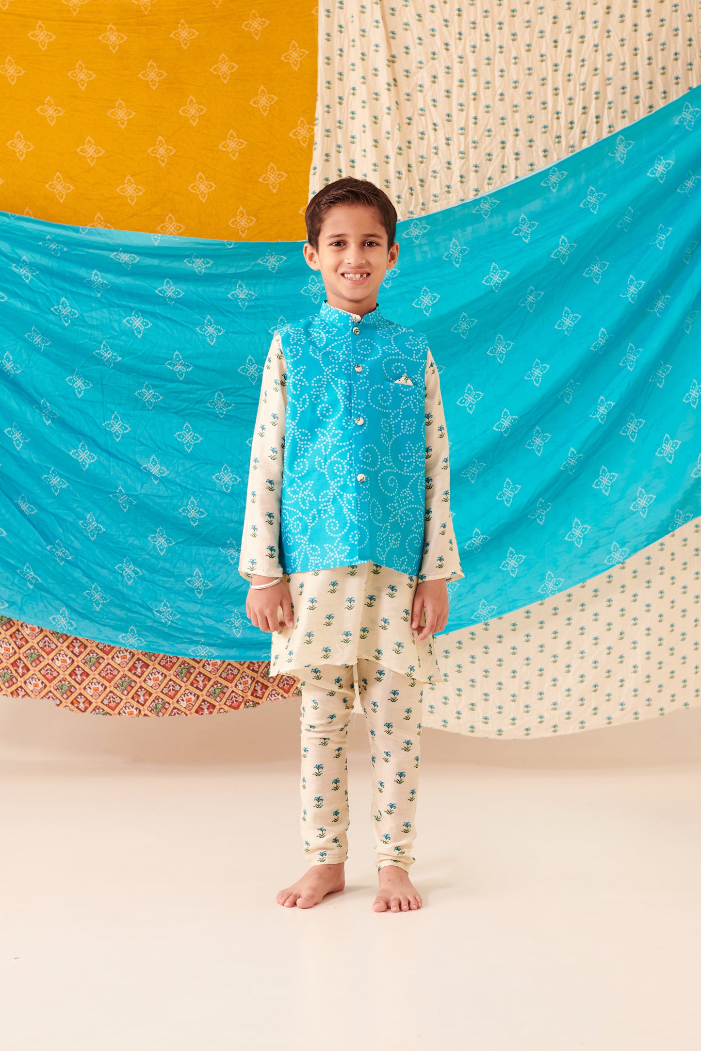 Boy Bandhani 3 Pc Bundi Set - Turquoise Blue