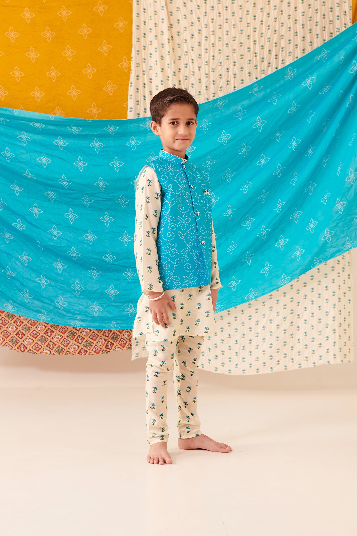 Boy Bandhani 3 Pc Bundi Set - Turquoise Blue