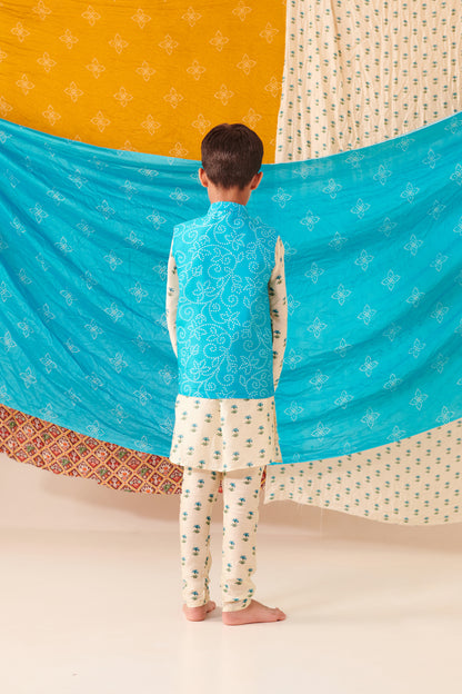 Boy Bandhani 3 Pc Bundi Set - Turquoise Blue