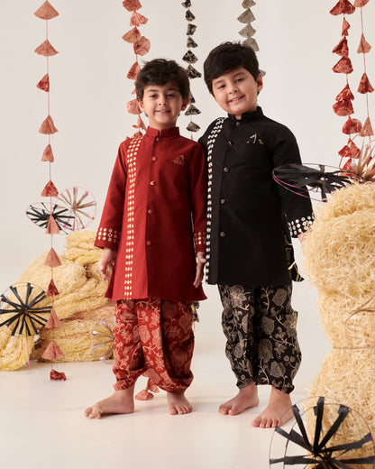 Boy Floral Dhoti Kurta Set-Black