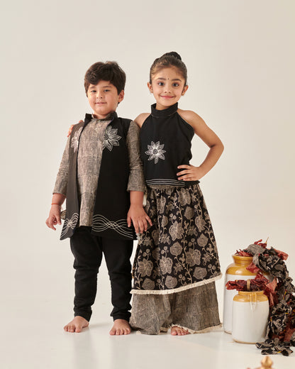 Boy Floral Embroidered Bundi Set-Black