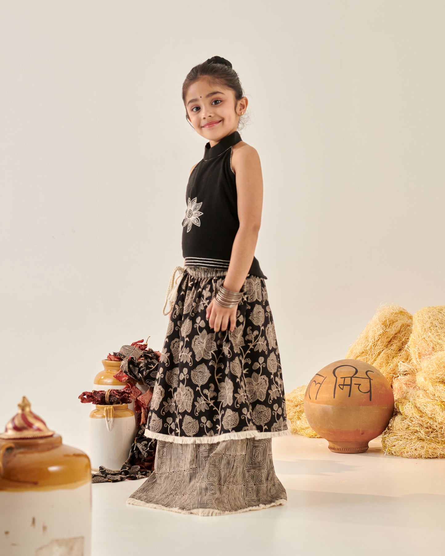 Girl Floral Embroidered Skirt Top Set - Black