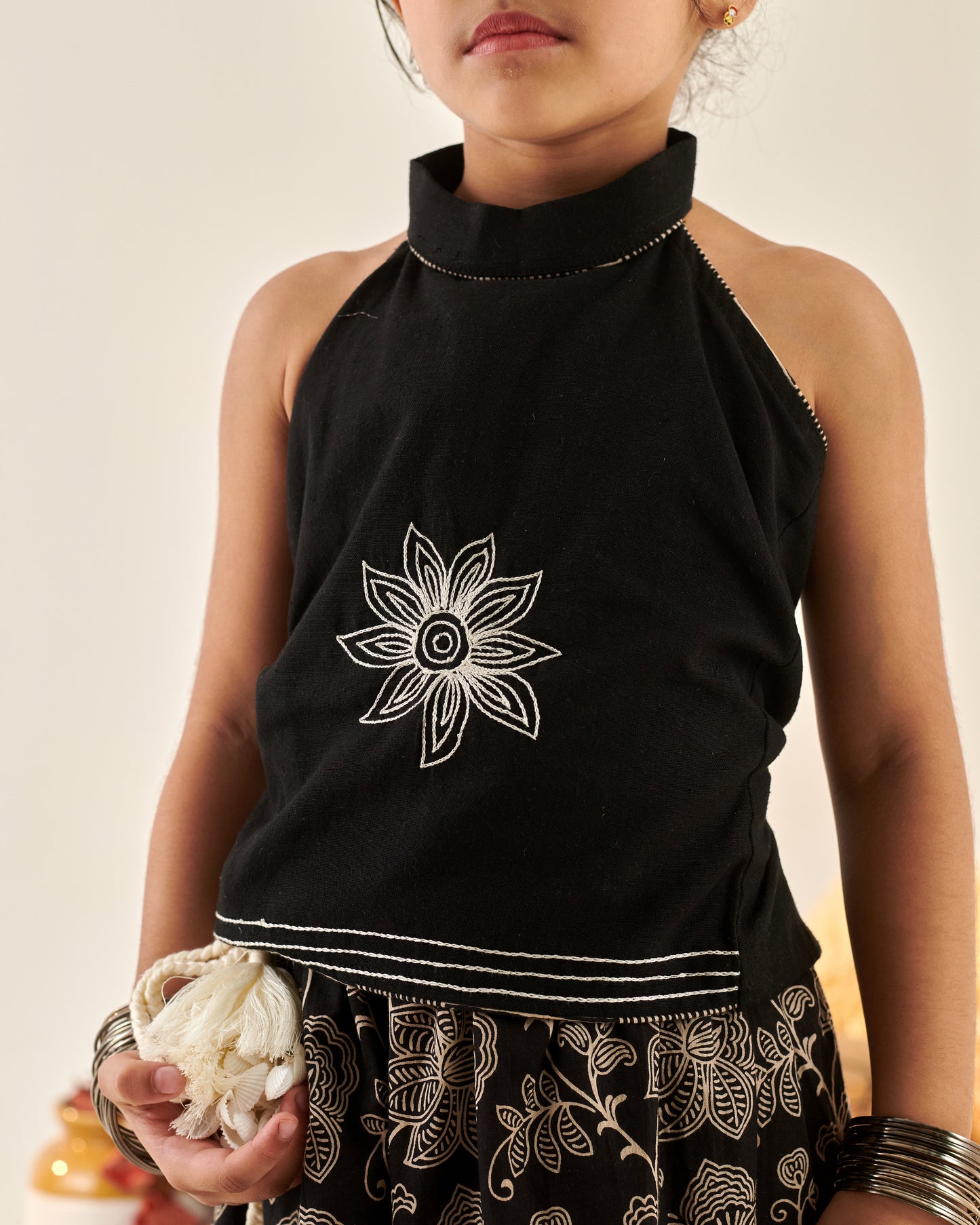 Girl Floral Embroidered Skirt Top Set - Black