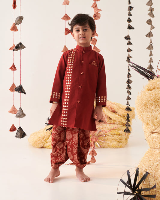 Boy Floral Dhoti Kurta Set-Maroon