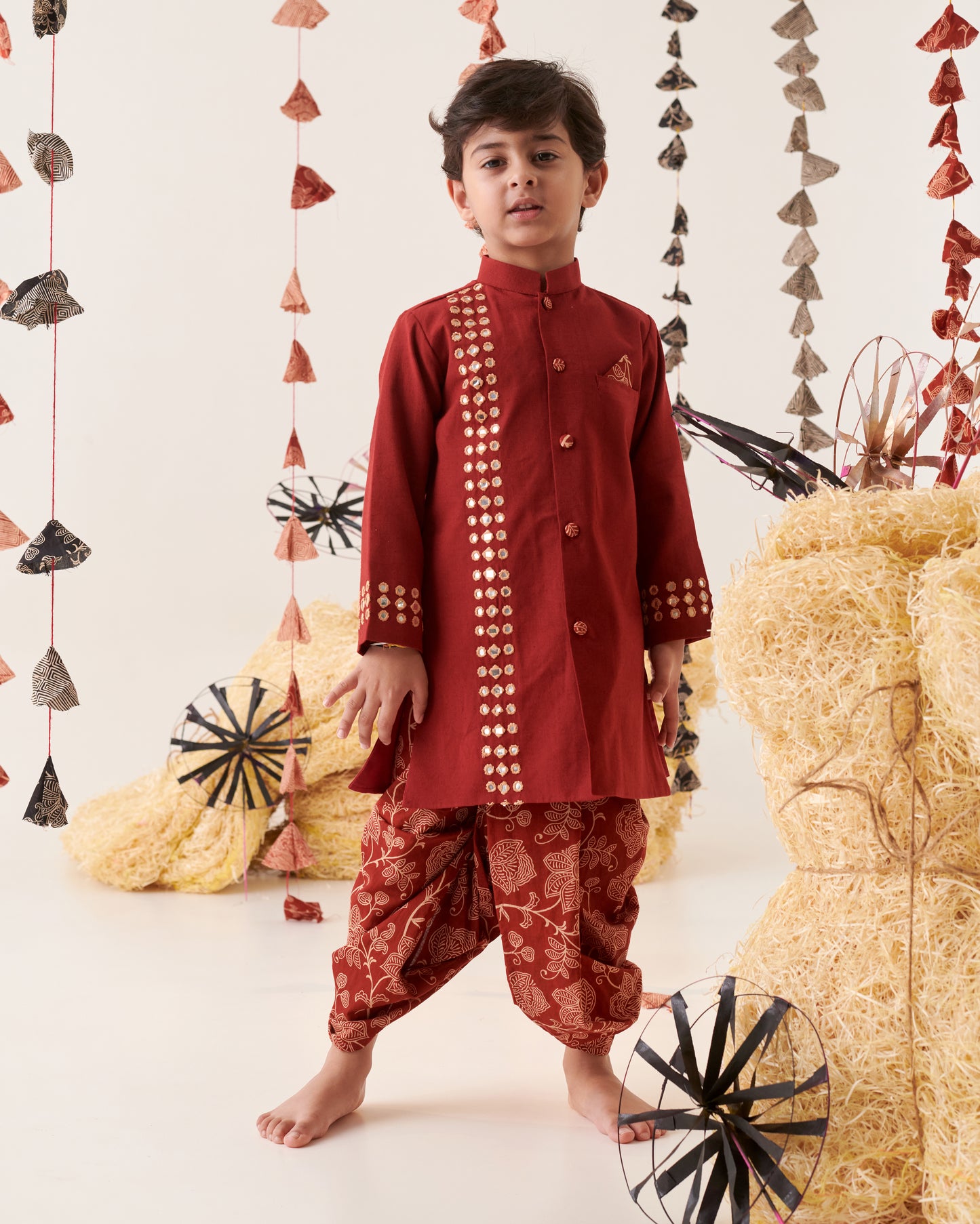 Boy Floral Dhoti Kurta Set-Maroon