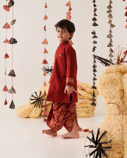 Boy Floral Dhoti Kurta Set-Maroon