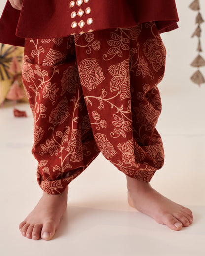 Boy Floral Dhoti Kurta Set-Maroon