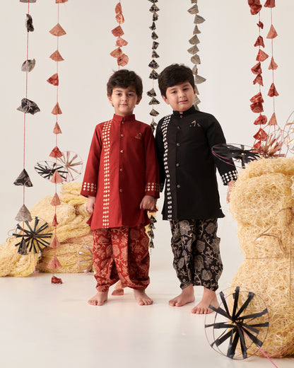 Boy Floral Dhoti Kurta Set-Maroon