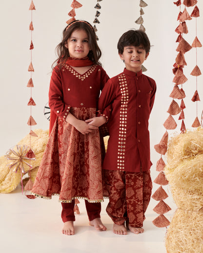 Boy Floral Dhoti Kurta Set-Maroon