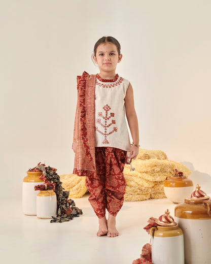 Girl Hi LowTop with Cowl Dhoti Pants-Maroon