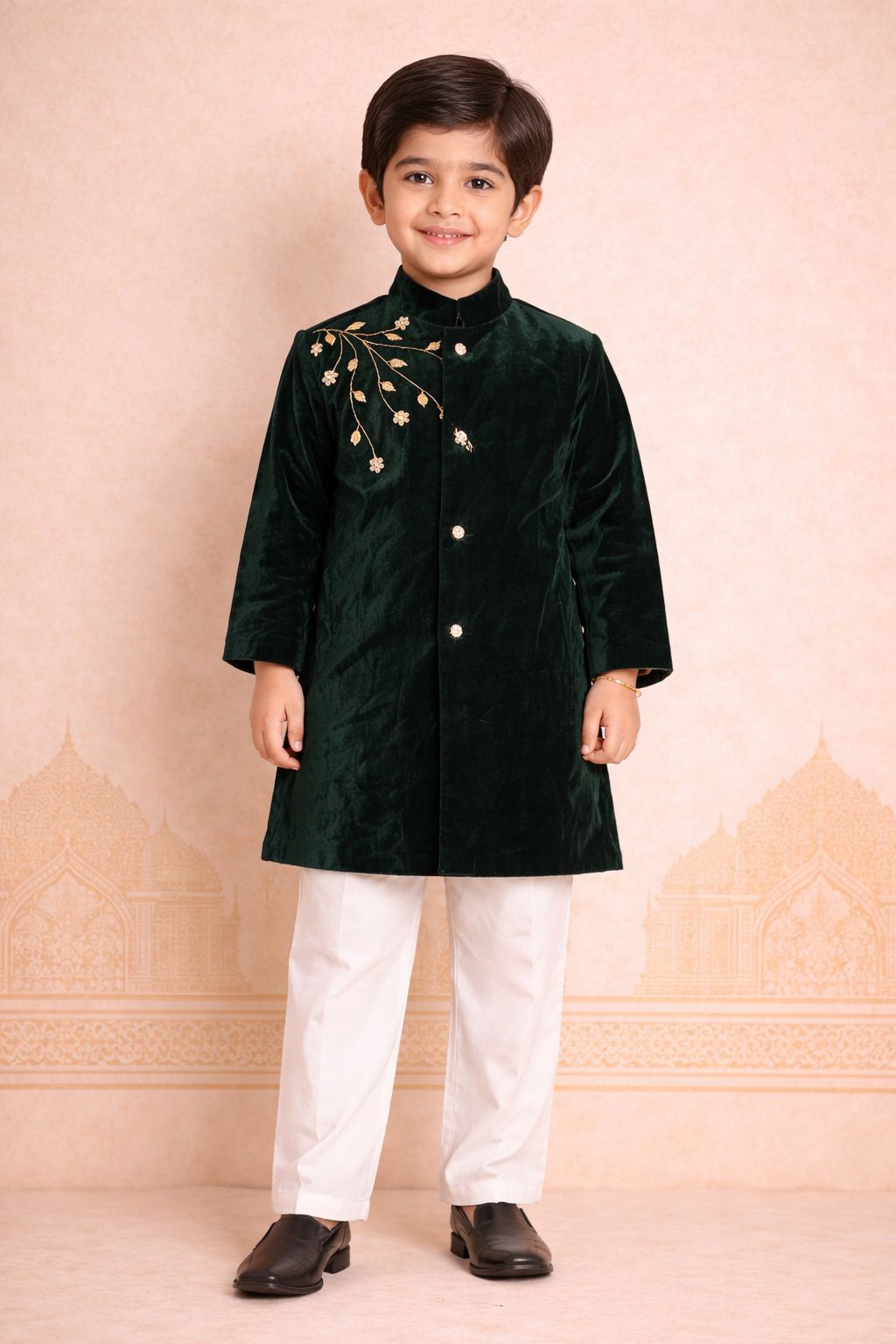Boy Nawabi Sherwani Kurta Set-Bottle Green
