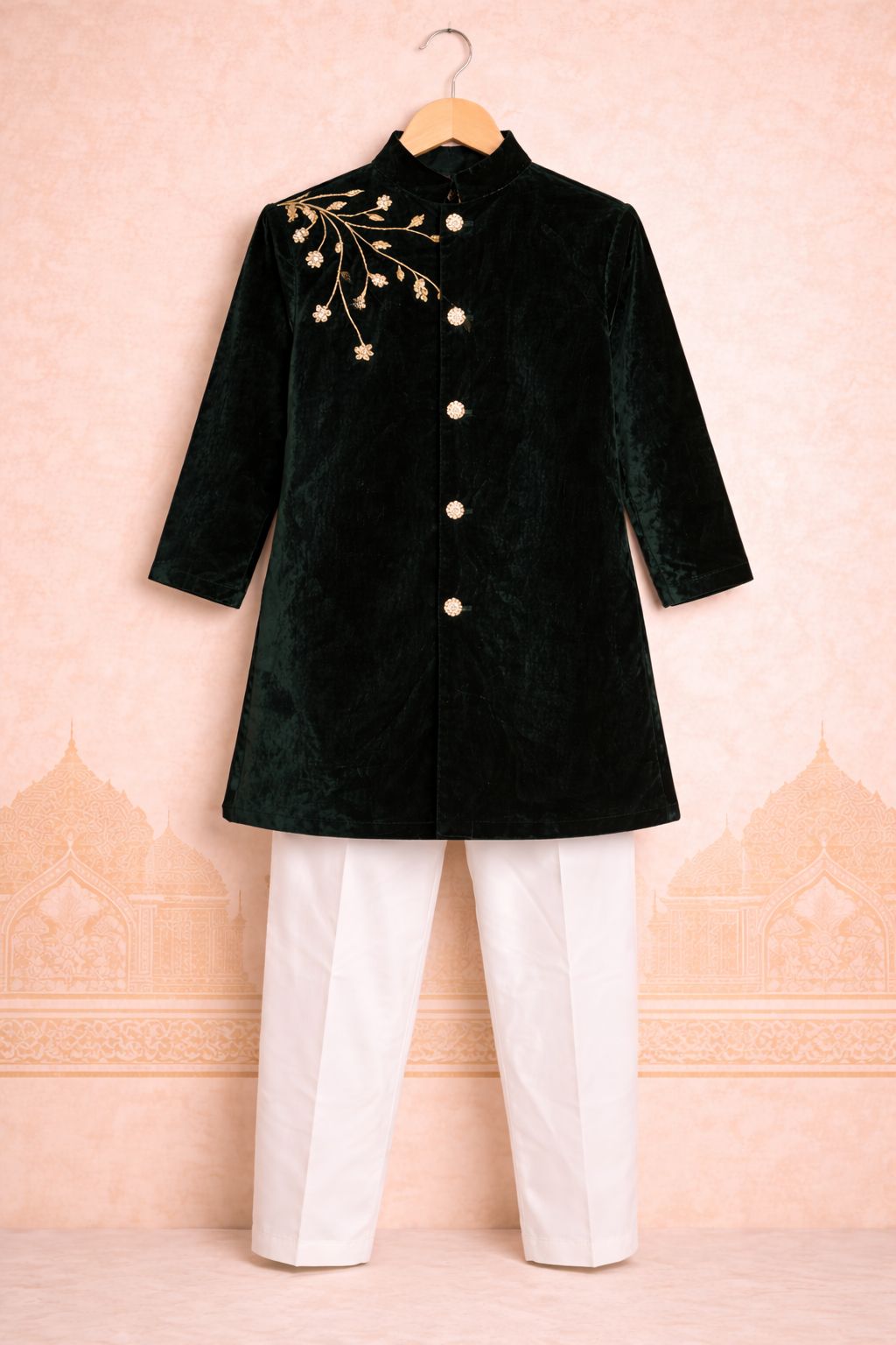 Boy Nawabi Sherwani Kurta Set-Bottle Green