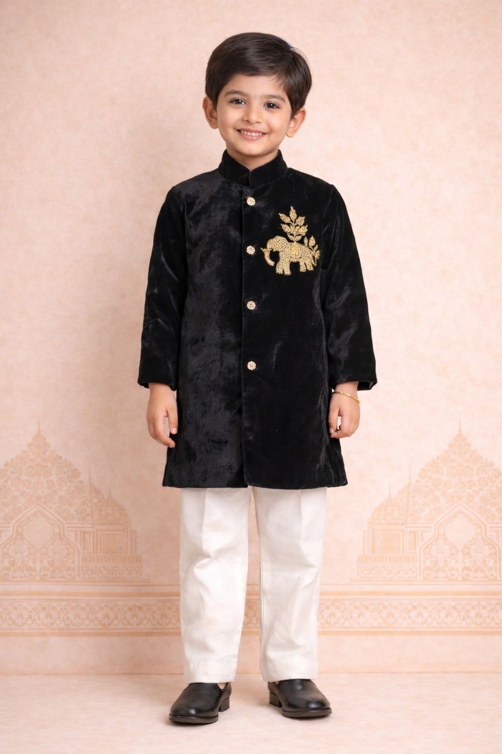 Boy Nawabi Sherwani Kurta Set-Black