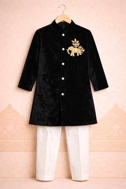 Boy Nawabi Sherwani Kurta Set-Black