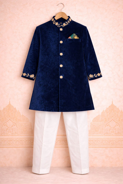 Boy Nawabi Sherwani Kurta Set-Teal Blue