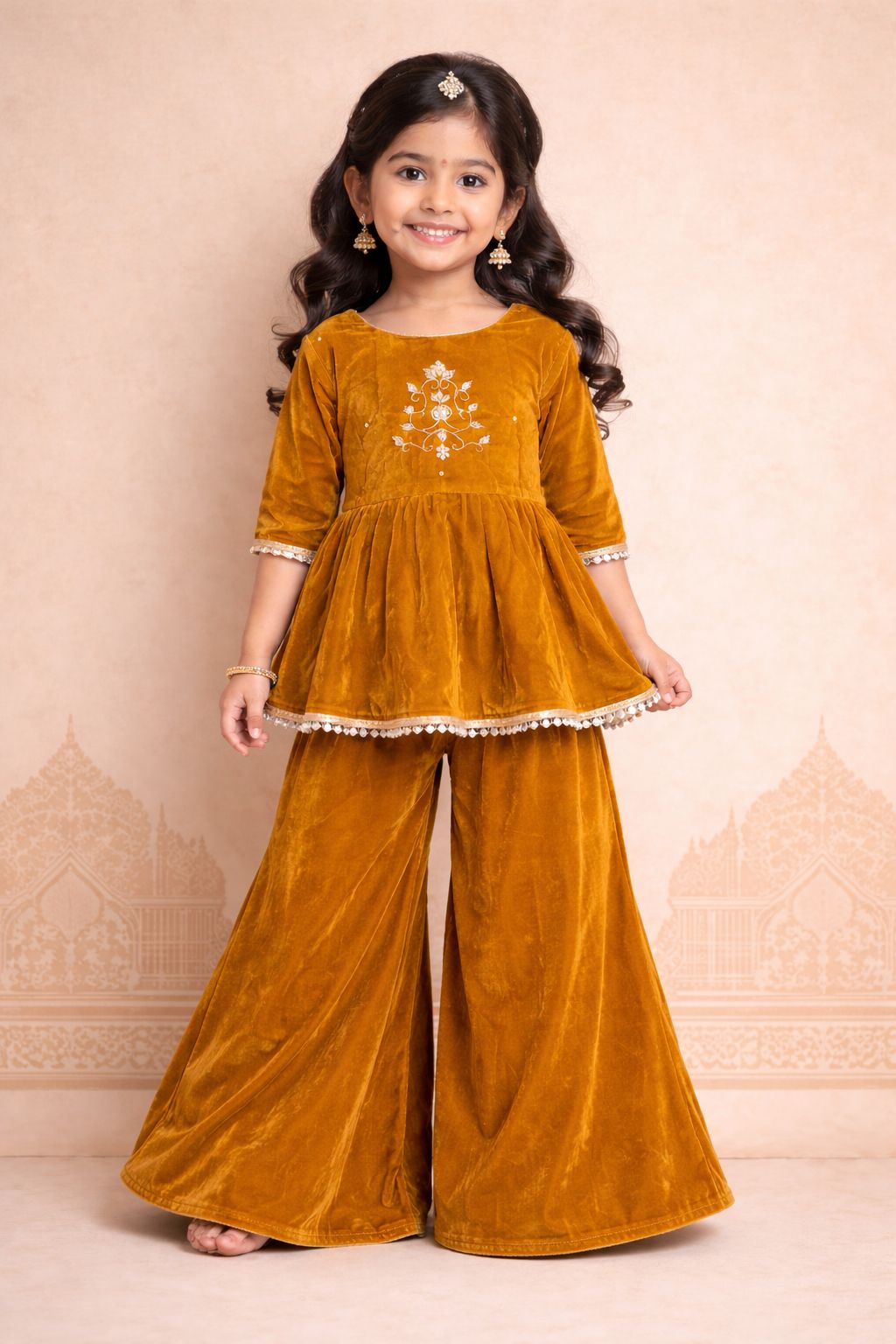 Girl Velvet Sharara Set-Mustard