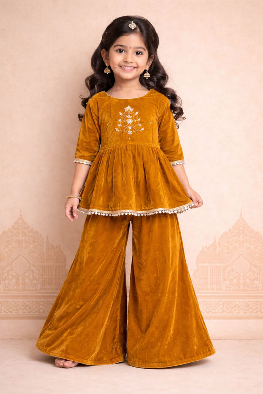 Girl Velvet Sharara Set-Mustard