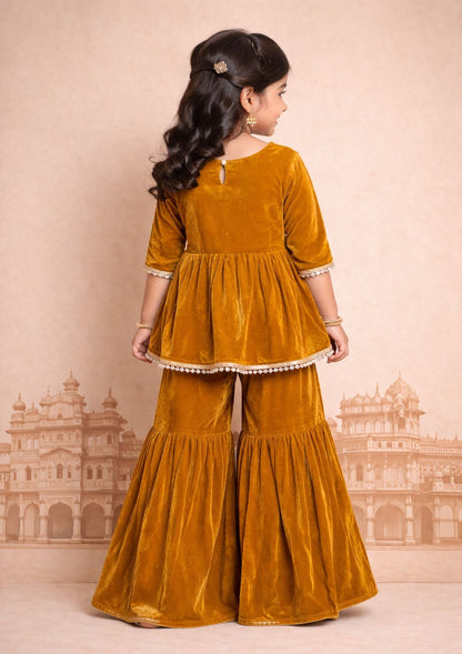 Girl Velvet Sharara Set-Mustard