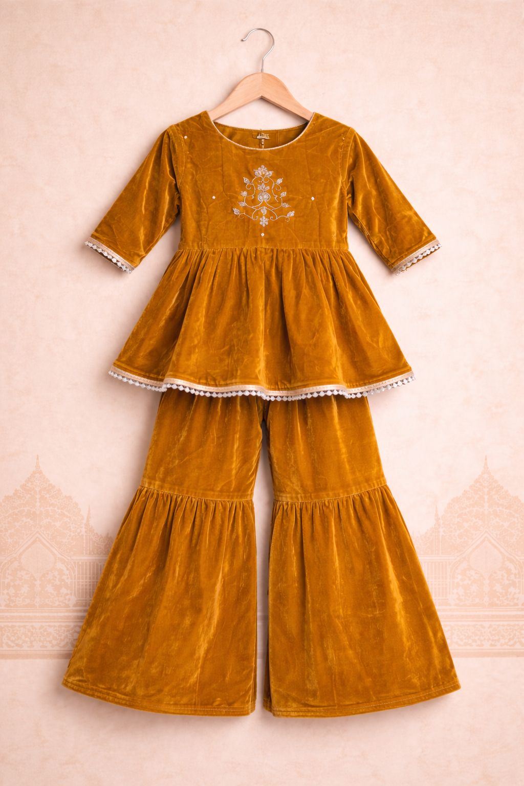 Girl Velvet Sharara Set-Mustard