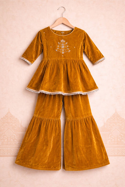 Girl Velvet Sharara Set-Mustard