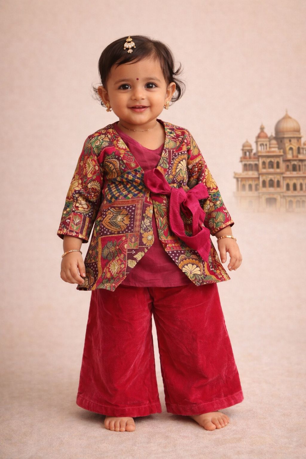 Girl Princess Jacket style Top And Pant Set-Magenta