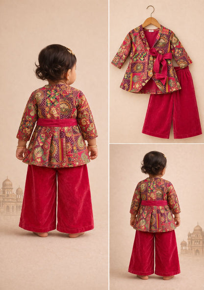Girl Princess Jacket style Top And Pant Set-Magenta